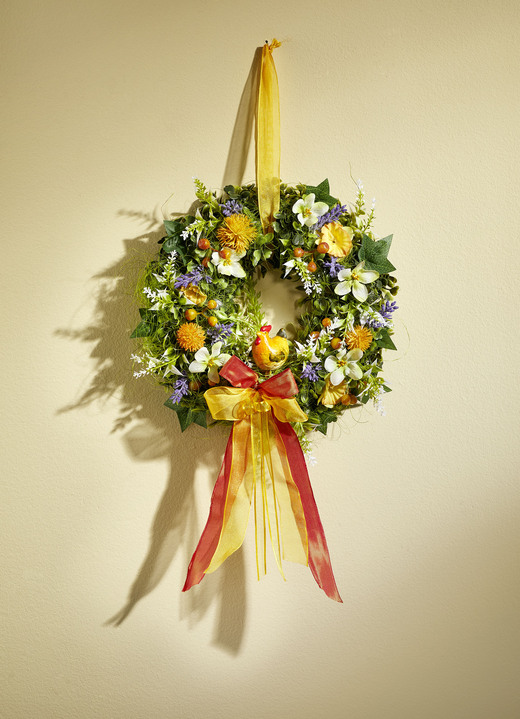 Kunst- & textielplanten - Muurkrans met Keramische Kip, in Farbe GROEN-ORANJE-GEEL