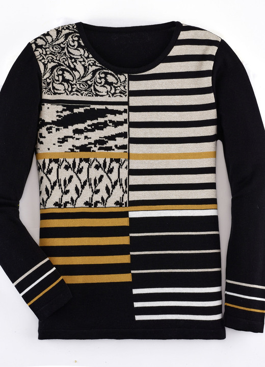 - trui met intarsia, in Größe 038 bis 054, in Farbe ZWART EN BEIGE GEMÊLEERD MESSING