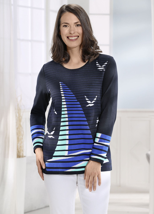 Langarm - Pullover mit Segelboot-Motiv, in Größe 040 bis 060, in Farbe MARINE-ROYALBLAU-MULTICOLOR