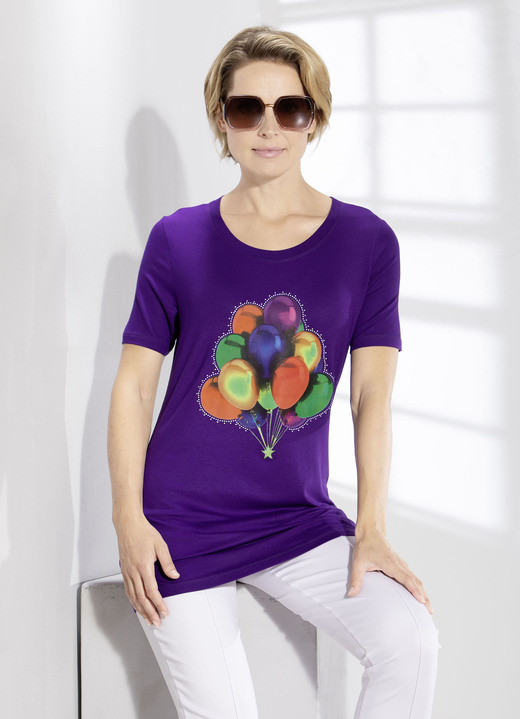 Korte mouw - Lang shirt met strassversiering in 2 kleuren, in Größe 038 bis 056, in Farbe PAARS Ansicht 1
