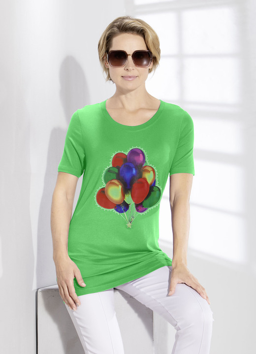 Korte mouw - Lang shirt met strassversiering in 2 kleuren, in Größe 038 bis 056, in Farbe GROEN Ansicht 1