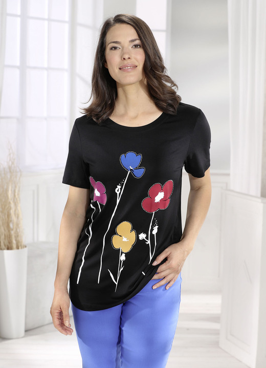 Korte mouw - Lang shirt met decoratief printmotief, in Größe 040 bis 060, in Farbe ZWART