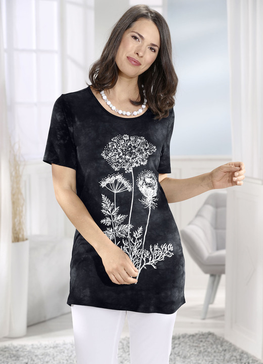 Korte mouw - Lang shirt in batik-look in 2 kleuren, in Größe 040 bis 058, in Farbe EEN ZWARTE BATIK