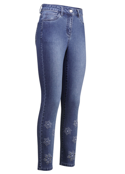 Hosen - Jeans mit floralen Lochstickereien und Strasssteinchen, in Größe 017 bis 050, in Farbe JEANSBLAU Ansicht 1