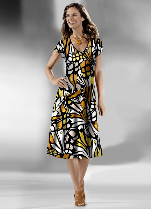 jurken - Jurk in geraffineerde Wickel-look, in Größe 036 bis 552, in Farbe ZWART-MEERKLEURIG