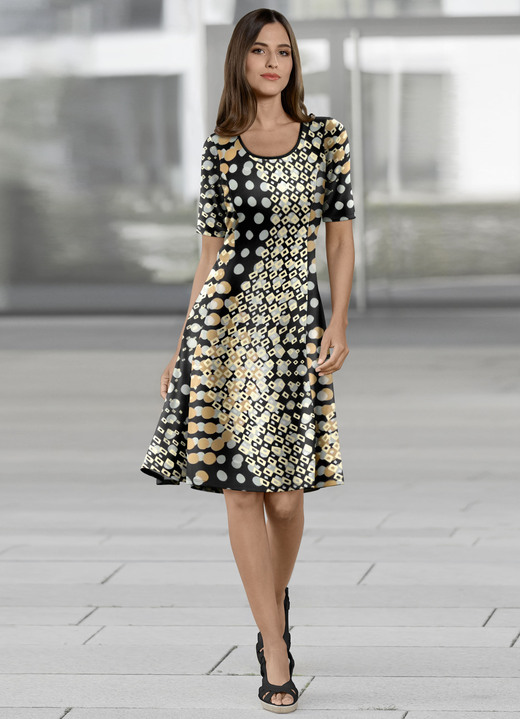 jurken - Pull-on zwaai-jurk, in Größe 036 bis 052, in Farbe ZWART-MEERKLEURIG