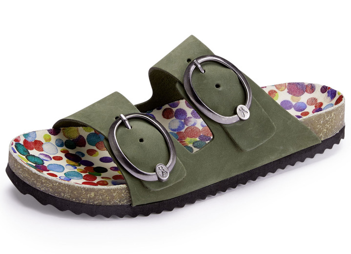 Sandalettes & slippers - Andrea Conti muiltjes met kleurrijk bedrukt leren voetbed, in Größe 036 bis 042, in Farbe OLIJF Ansicht 1