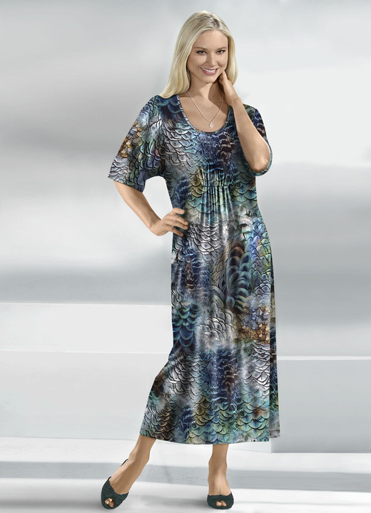 Homewear & Freizeitmode - Kaftan in Schlupfform, in Größe 038 bis 060, in Farbe ECRU-BLAU-BUNT