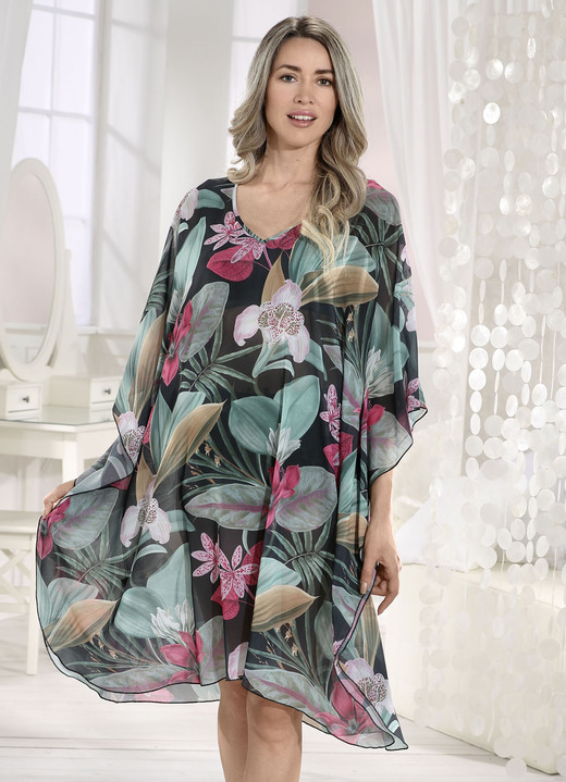 Strandjurken - Comodo Kaftan, licht transparant, in Größe L (44/46) bis XXL (52/54), in Farbe GROEN-ROZE-KLEURIG