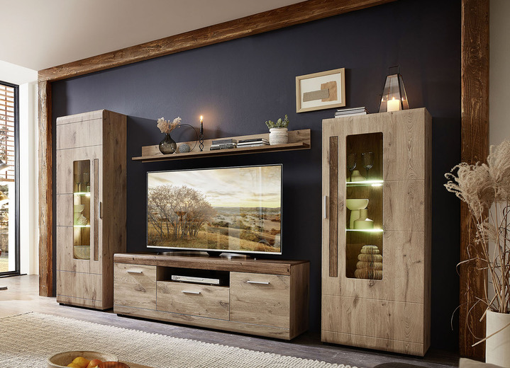 Woonwanden - Woonwand met ledverlichting, in Farbe EICHE NATUR-HAVELEICHE COGNAC Ansicht 1