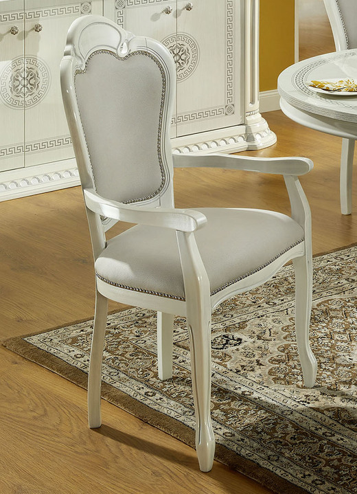 - Stijlvolle stoelen met een hoogglans gelakt kunststof oppervlak, in Farbe WIT-ZILVER-GR, in Ausführung Armleuningstoel