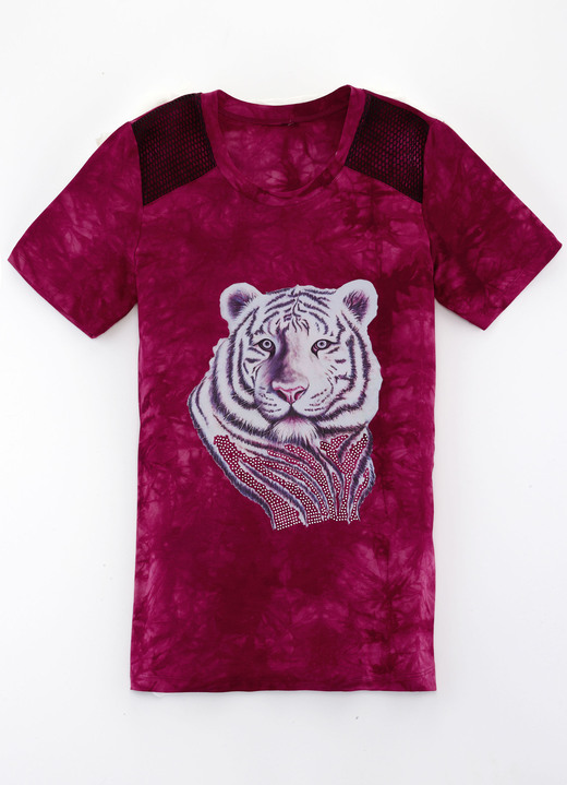 Shirts mit Strass - Attraktives Longshirt mit Netzeinsatz in 2 Farben, in Größe 038 bis 054, in Farbe BORDEAUX BATIK Ansicht 1