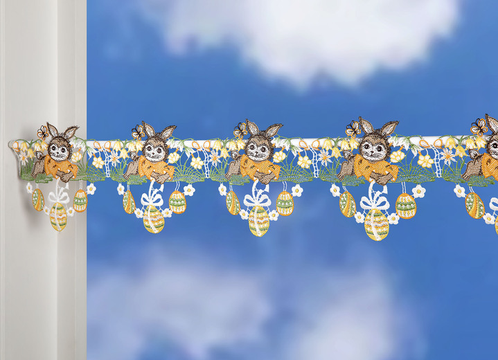 Korte gordijnen - Paaldecoratie met grappige paashaasmotieven, in Größe 628 (H15xB 48 cm) bis 660 (H15xB112 cm), in Farbe MULTICOLOR