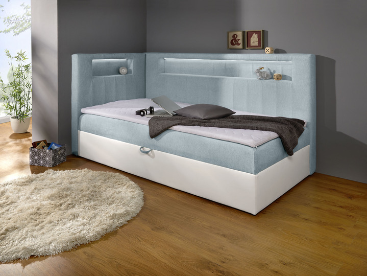 Boxspring - Boxspring met geïntegreerde LED-verlichting, in Farbe WIT-LICHTBLAUW, in Ausführung Met hoofdbord Ansicht 1