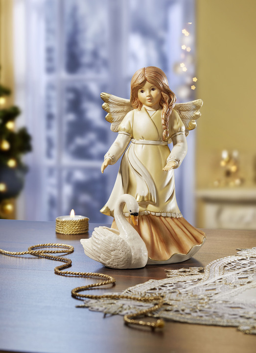 Kerstmis - Engel met zwaan gemaakt van fijn steengoed, in Farbe CHAMPAGNE