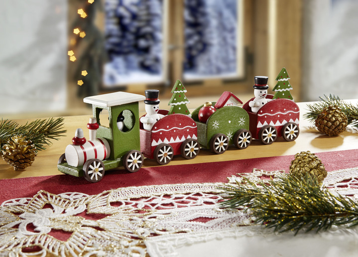 - Geschilderde houten trein, in Farbe GROEN-ROOD-WIT Ansicht 1