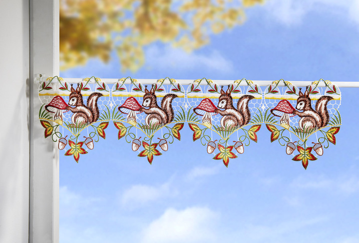 Korte gordijnen - Paaldecoratie gemaakt van echt Plauenkant, in Größe 628 (18 x 48 cm) bis 664 (18 x 96 cm), in Farbe MEERKLEURIG