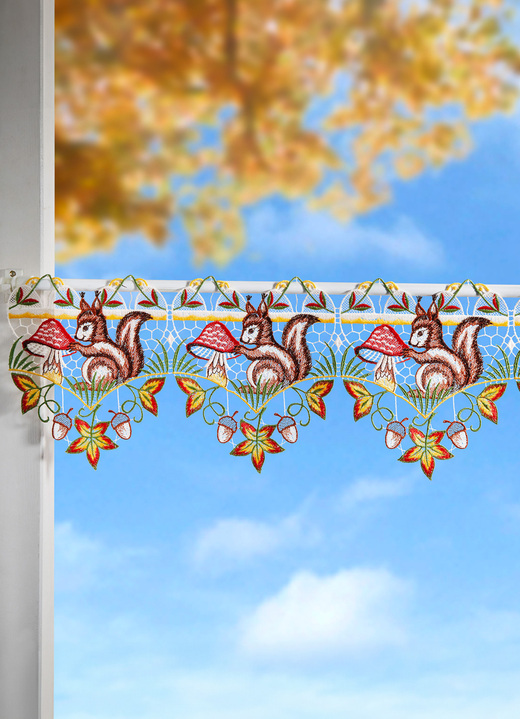 Korte gordijnen - Paaldecoratie gemaakt van echt Plauenkant, in Größe 628 (18 x 48 cm) bis 664 (18 x 96 cm), in Farbe MEERKLEURIG Ansicht 1