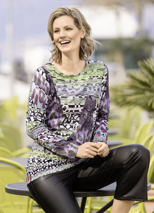 Lange mouw - Shirt met felgekleurde inkjetprint, in Größe 036 bis 052, in Farbe GROEN-PAARS-KLEURIG