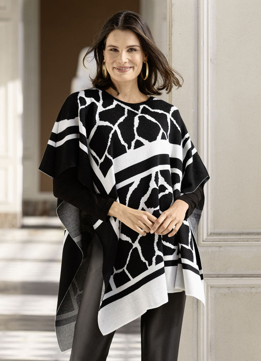 Ponchos - Poncho in asymmetrische puntvorm Ponchos - Poncho in asymmetrische puntvorm, in Größe 1 (38-42) bis 3 (50-54), in Farbe ZWART-WIT