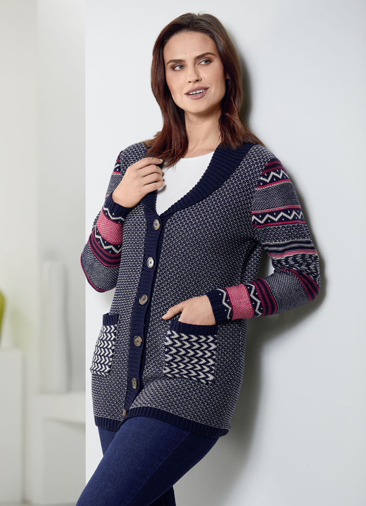 Gebreide jasjes - Cardigan in een mix van patronen, in Größe 038 bis 054, in Farbe MARINE-ROOD-CRÈME Ansicht 1