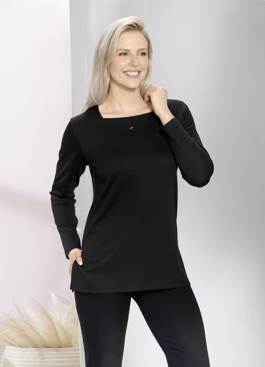 Lange mouw - Charmant sweatshirt met knoopsluiting in 2 kleuren Lange mouw - Charmant sweatshirt met knoopsluiting in 2 kleuren, in Größe 040 bis 056, in Farbe ZWART