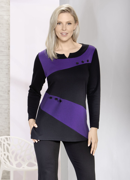 Lange mouw - Verfijnde sweater met V-split, in Größe 038 bis 054, in Farbe ZWART-LILA