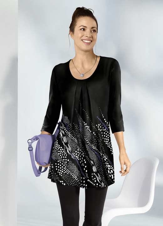 3/4-Arm - Aantrekkelijk lang shirt met 3/4-mouwen 3/4-Arm - Attraktives Longshirt mit 3/4-langen Ärmeln, in Größe 040 bis 056, in Farbe SCHWARZ-WEISS