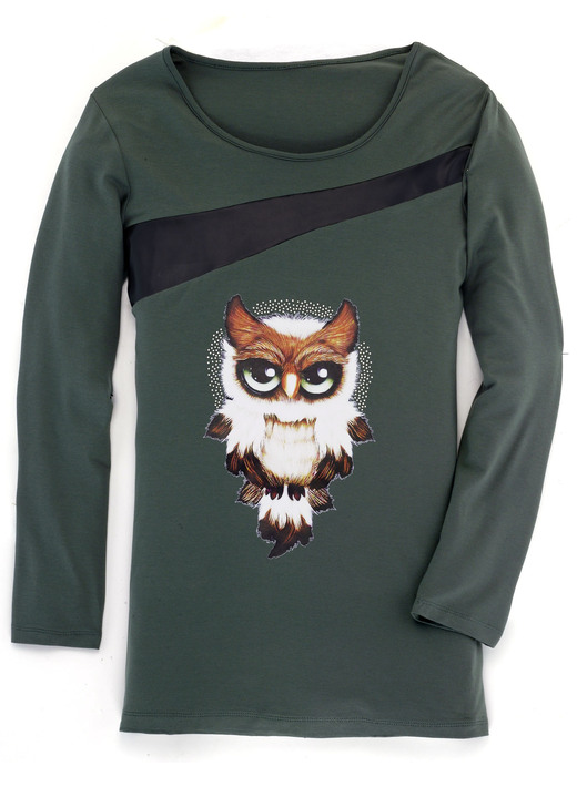 Shirts - Shirt met inzet van zwart imitatienappaleer in 2 kleuren, in Größe 036 bis 054, in Farbe OLIJF Ansicht 1