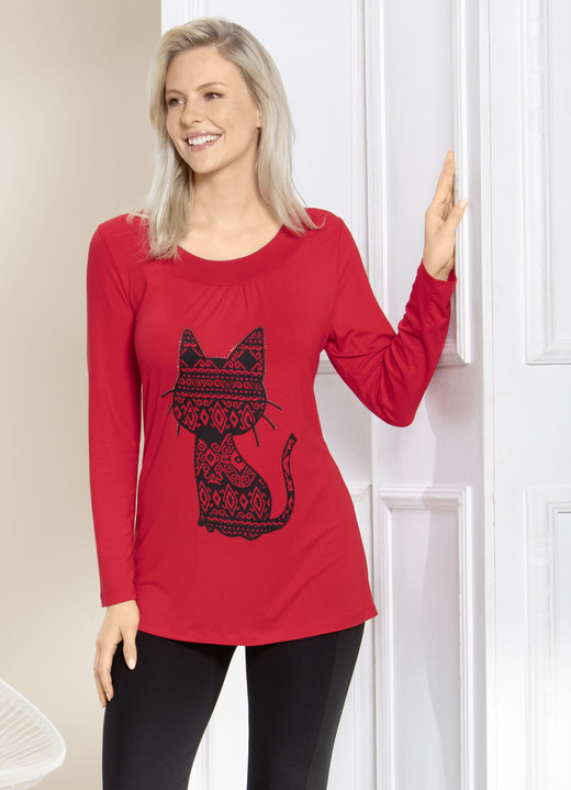 Lange mouw - Shirt met kattenmotief in 2 kleuren, in Größe 038 bis 056, in Farbe ROOD Ansicht 1