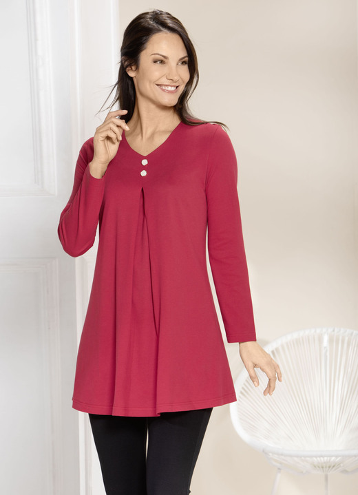 Lange mouw - Lang shirt met stolpplooien vooraan in 2 kleuren Lange mouw - Lang shirt met stolpplooien vooraan in 2 kleuren, in Größe 038 bis 056, in Farbe ROOD
