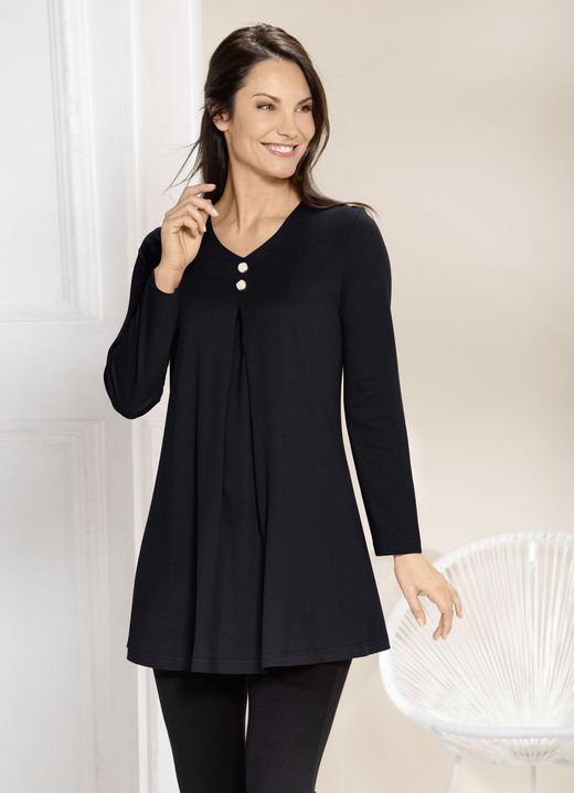 Lange mouw - Lang shirt met stolpplooien vooraan in 2 kleuren Lange mouw - Lang shirt met stolpplooien vooraan in 2 kleuren, in Größe 038 bis 056, in Farbe ZWART