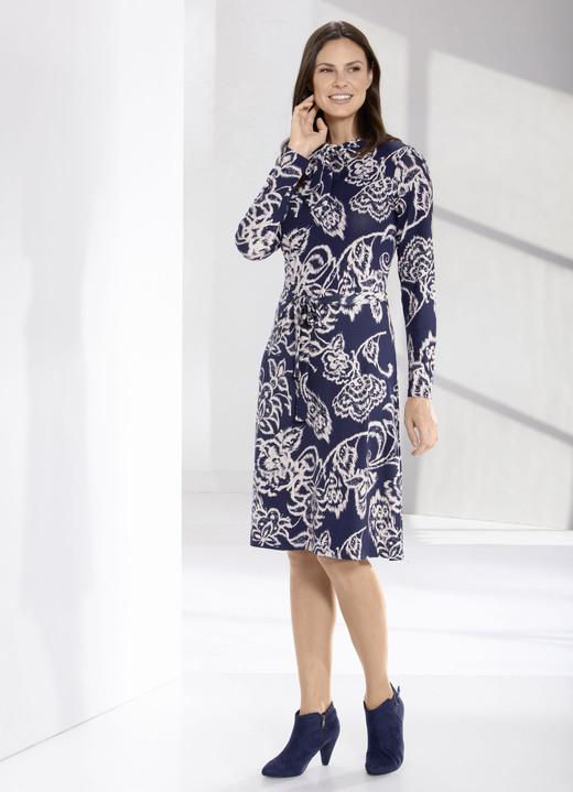 Lange mouw - Kleid mit Bindeschluppe, in Größe 036 bis 052, in Farbe MARINE-ECRU
