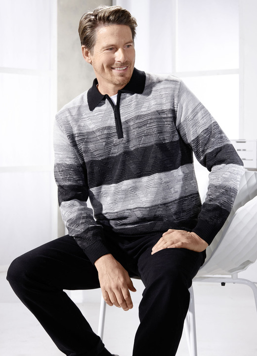- Klassieke polosweater met korte ritssluiting, in Größe 046 bis 062, in Farbe ZWART-GRIJS GEMÊLEERD