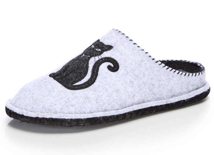 Huisschoenen - Klassieke damespantoffels, breedte H, met schattige kattenapplicatie, in Größe 036 bis 043, in Farbe LICHTGRIJS Ansicht 1