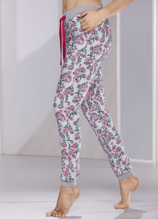 Pyjama's & shorties - Slaap- en vrijetijdsbroek, lang met zakken en bedrukt, in Größe 034 bis 054, in Farbe GRIJS GEVLEKT-ROZE-BONT