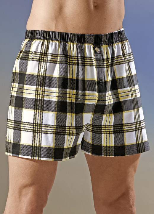 Pants & boxershorts - Vier-pack boxershorts met button-down mechanisme, in Größe 005 bis 013, in Farbe 2X ZWART-WIT-GEEL, 2X EFFEN ZWART