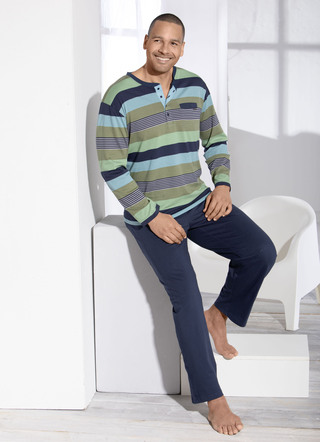 Pyjama met knoopsluiting, garen geverfde ringe finish / duurzame katoenteelt
