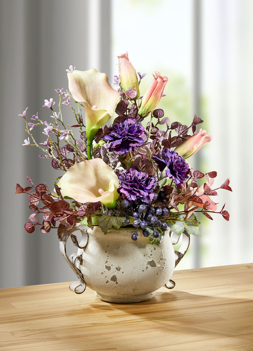 Kunst- & textielplanten - Calla arrangement in een pot met een handvat, in Farbe PAARS-GROEN