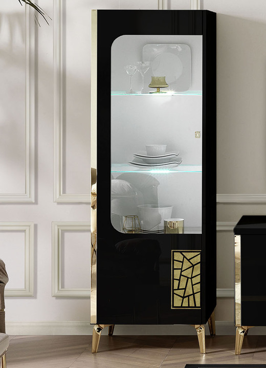 Vitrines - Meubelserie met LED-verlichting, in Farbe ZWART-GOUD, in Ausführung Vitrine, 1-deurs, links Ansicht 1