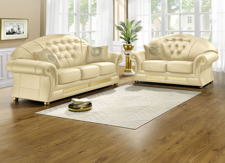 Gestoffeerde meubels - Gestoffeerd meubel met echt leren bekleding die overal in de kamer geplaatst kan worden, in Farbe CRÈME, in Ausführung Gestoffeerde meubelset, 2-delig: 1 driezitter en 1 fauteuil Ansicht 1