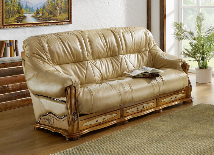 Gestoffeerde meubels - Italiaans gestoffeerd meubilair met echt lederen bekleding, in Farbe CRÈME, in Ausführung driezitsbank en fauteuil Ansicht 1