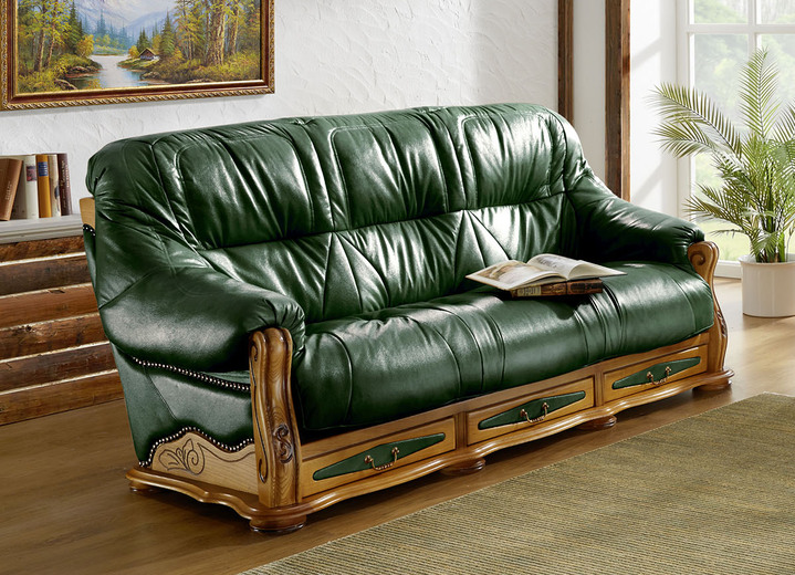 Gestoffeerde meubels - Italiaans gestoffeerd meubilair met echt lederen bekleding, in Farbe GROEN, in Ausführung driezitsbank en fauteuil Ansicht 1