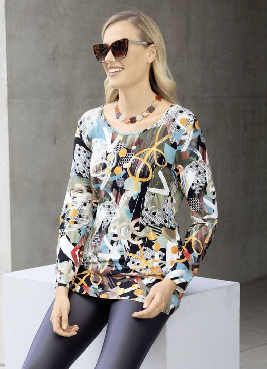 Shirts - Fascinerend lang shirt met decoratieve strass-steentjes, in Größe 038 bis 046, in Farbe ECRU-KHAKI Ansicht 1