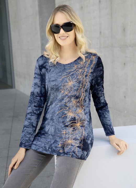 Lange mouw - Interessant shirt in batik-look in 3 kleuren, in Größe 038 bis 054, in Farbe MARINE BATIK Ansicht 1