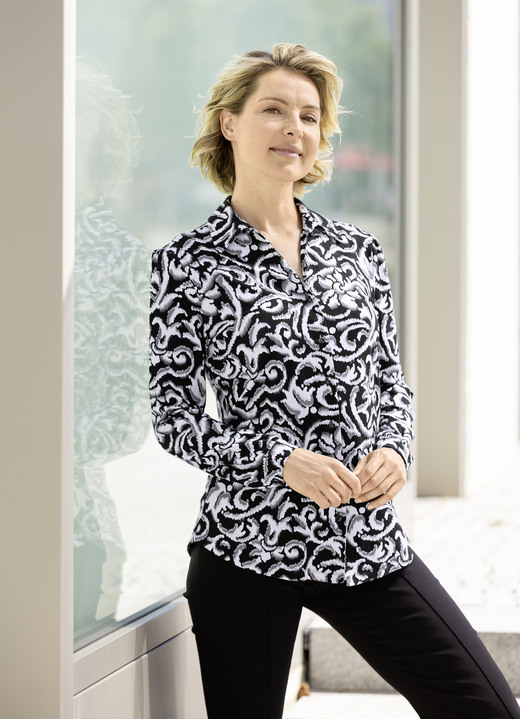 Shirts - Overhemdblouse met doorlopende knoopsluiting in 2 kleuren, in Größe 036 bis 050, in Farbe ZWART-GRIJS