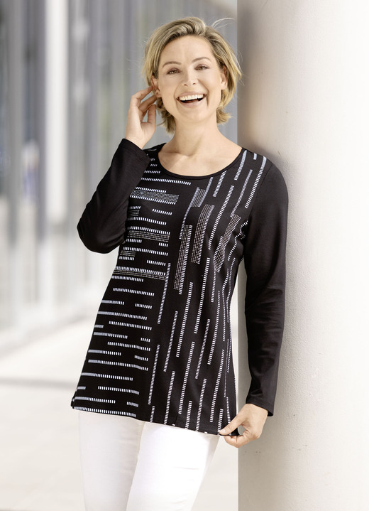 Lange mouw - Mooi shirt met contrastprint, in Größe 038 bis 054, in Farbe ZWART
