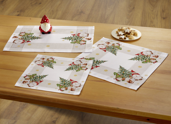 Tafellakens - Tafelkleed met kerstkabouter ontwerp, in Größe 101 (Kleedje, 35 x 50 cm) bis 404 (Kussensloop, 40 x 40 cm), in Farbe NATUUR-MEERKLEURIG Ansicht 1
