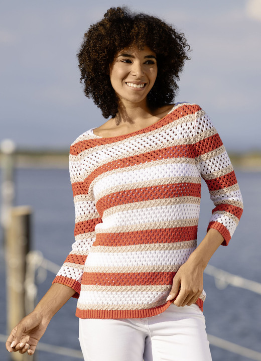 3/4-Arm - Pullover mit nachhaltig recycelter Baumwolle, in Größe 036 bis 052, in Farbe ORANGE-BEIGE-WEISS Ansicht 1