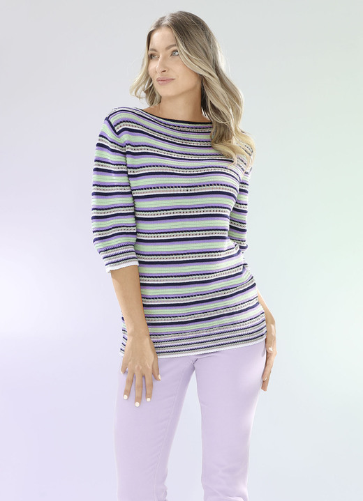 3/4-Arm - Pullover in Ringeldessin, in Größe L(44/46) bis XXL(52/54), in Farbe MINT-FLIEDER-MULTICOLOR